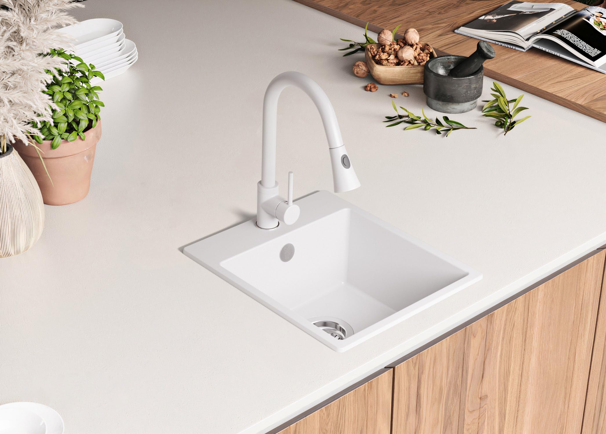 PRIMAGRAN Evier Cuisine en Granit Tout Blanc 38x44cm, Lavabo 1 bac + Kit de Vidage, Évier à Encastrer au Meuble 40cm - Riga S008