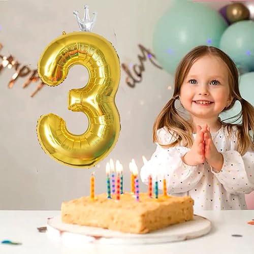 Miniatura 6 de Globo dorado del número 3 con corona, globos de número grande de tercer cumpleaños, 40 pulgadas