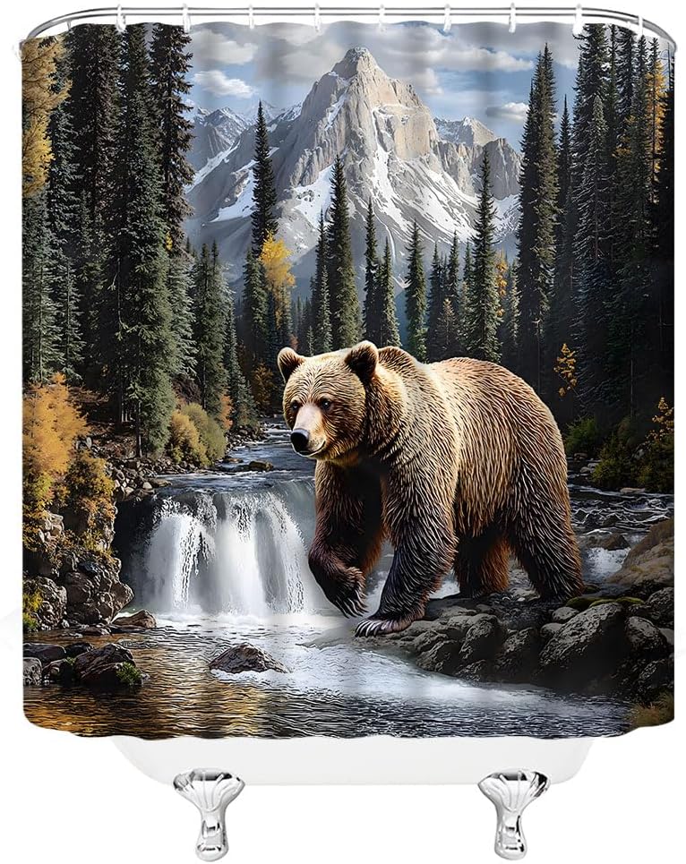 Rustic Bear Shower Curtain Misty Forest Mountains Wildlife Farm Jungle Rainforest Waterfall Stream River Rock Natural Landscape Bathroom Decor Polyester Fabric Curtains with Hook 80Wx70H Inches