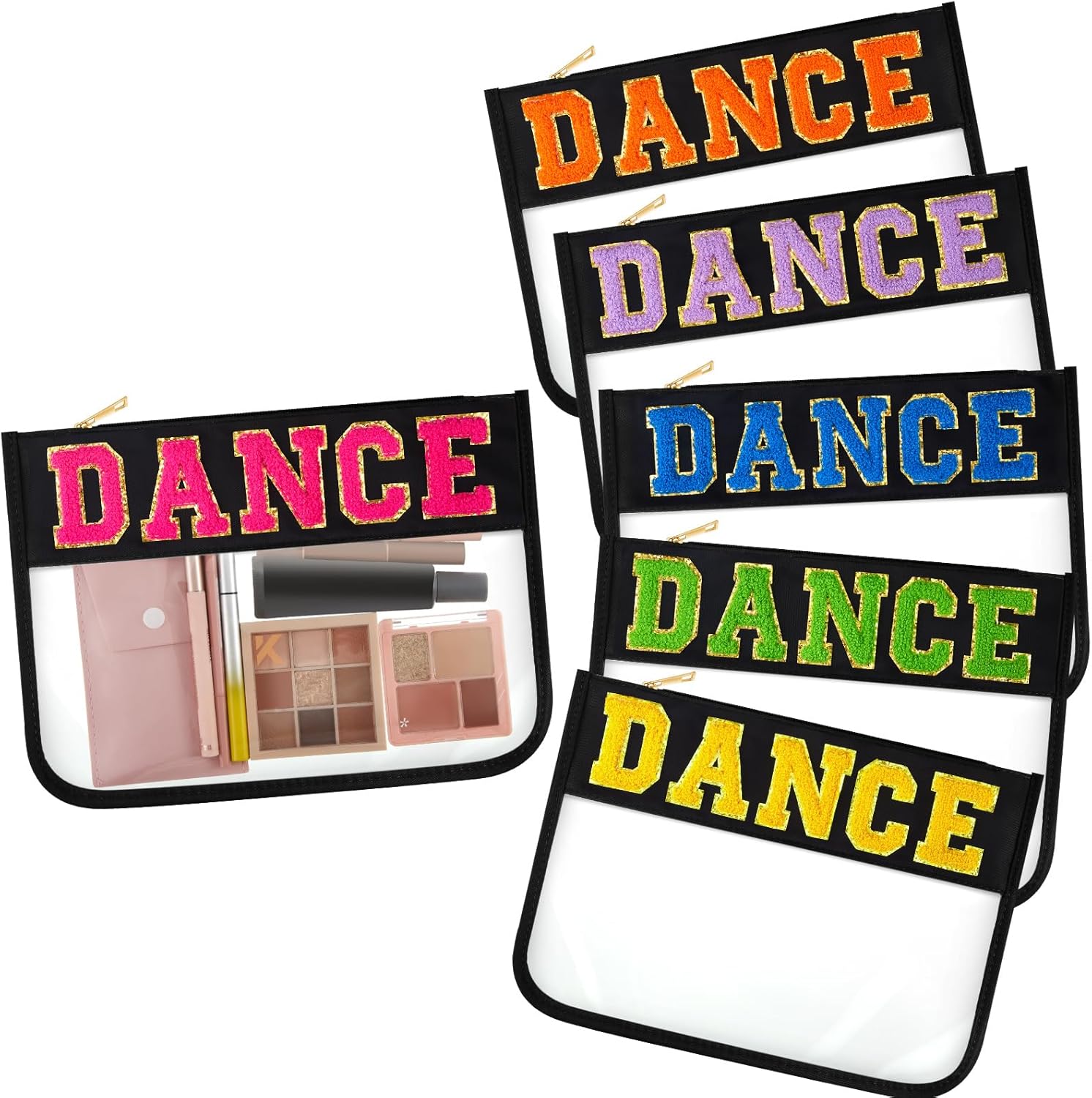 Aliceset 6 Pcs Dance Chenille Letter Preppy Patch Makeup Snack Bags,Gift for Women Waterproof PVC Cosmetic Organizer Storage,Flat Clear Portable Toiletry Zipper Pouch(Black)