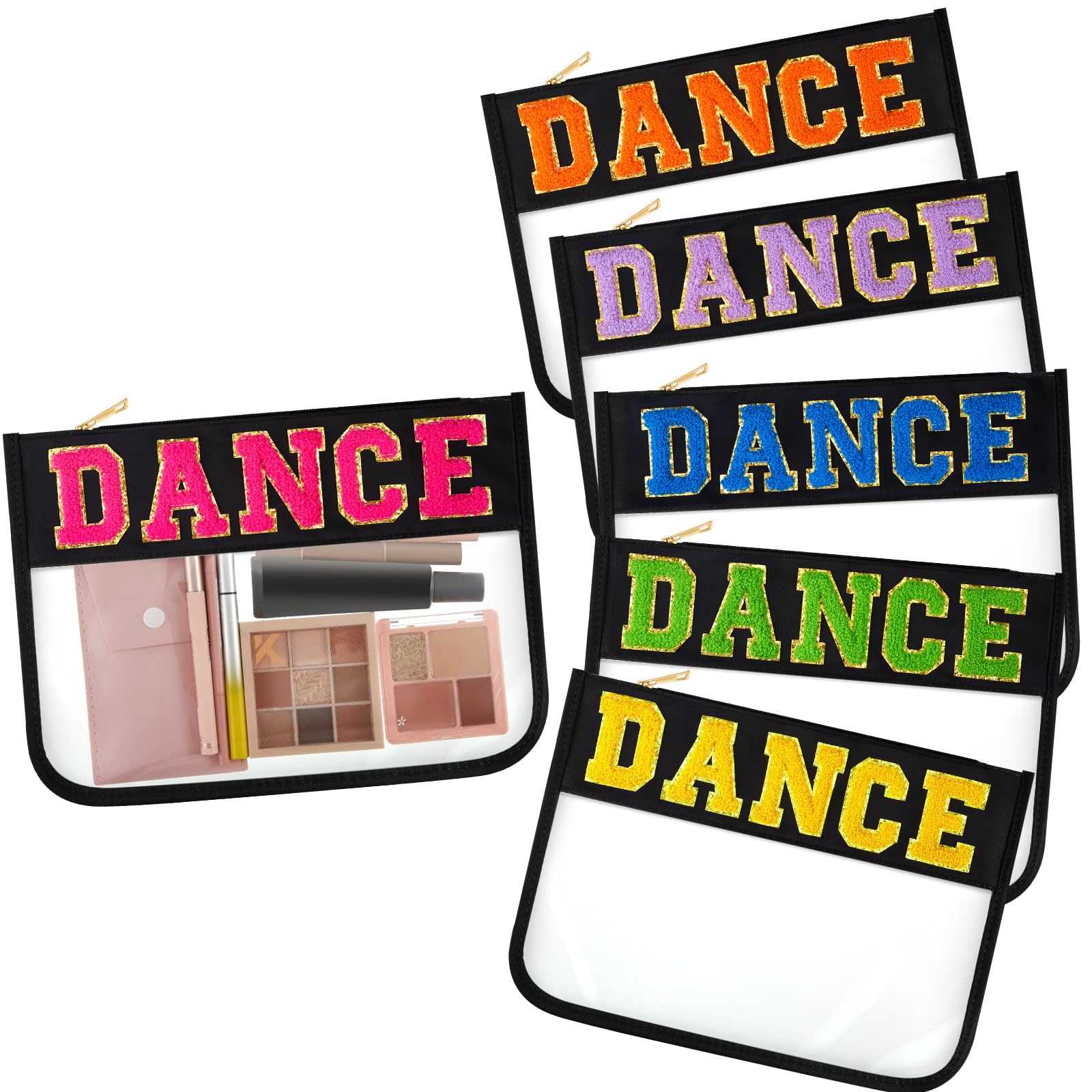 Aliceset 6 Pcs Dance Chenille Letter Preppy Patch Makeup Snack Bags,Gift for Women Waterproof PVC Cosmetic Organizer Storage,Flat Clear Portable