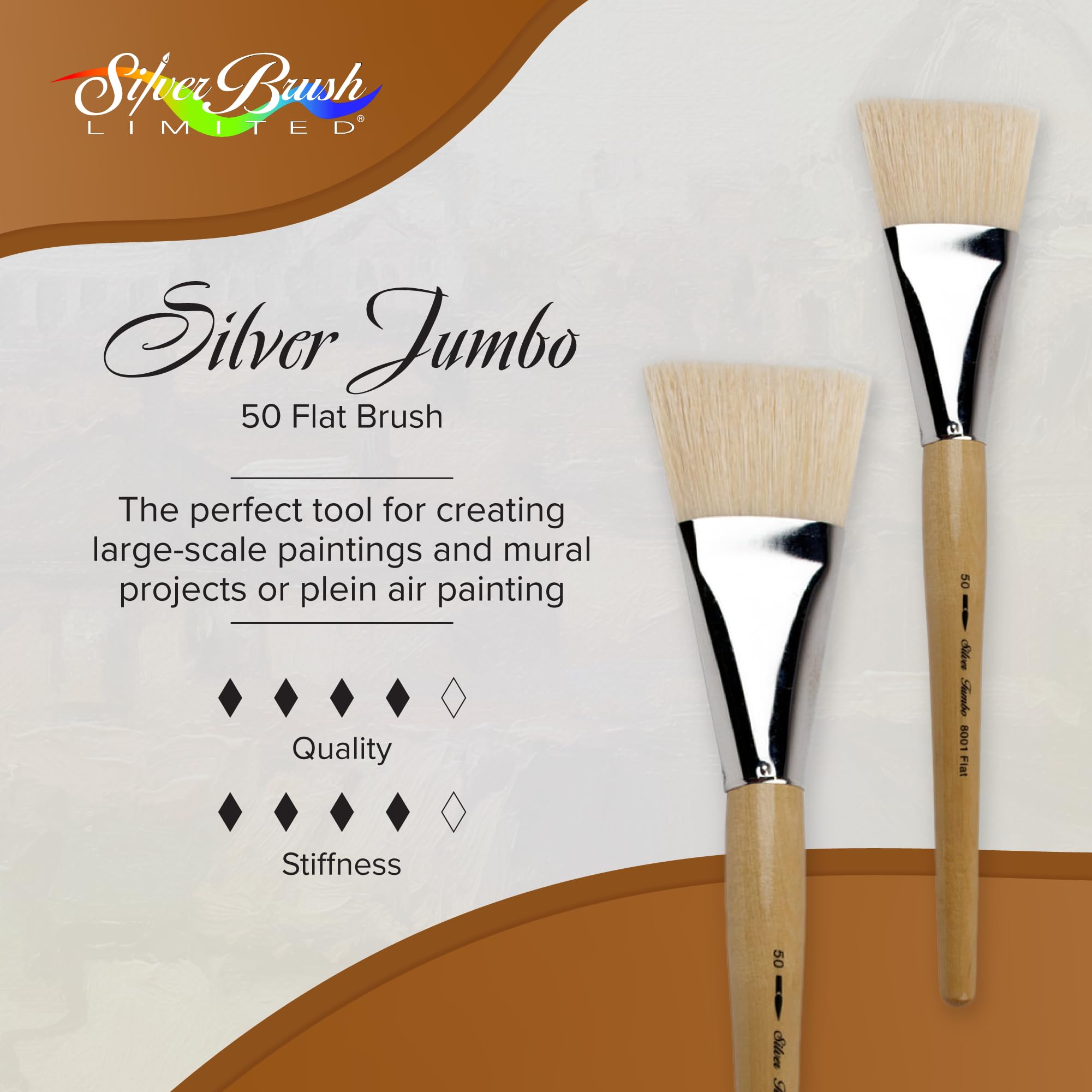 Silver Brush Limited 8001-50 Silver Jumbo White Hog Bristle Flat Paintbrush for Oil, Acrylic, Heavy Body Paints, Gesso & Grounds, Varnish & Top Coat, Size 50, Mid Length Handle