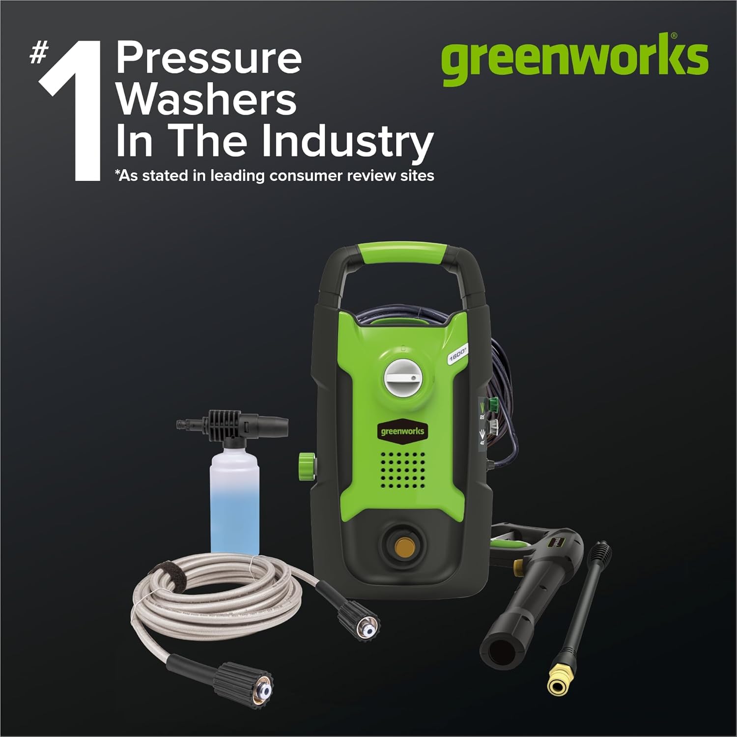 Greenworks Compact Electric Pressure Washer, 1.2 GPM (CSA Certified, Lightweight, 20 FT Tangle-Free Hose, 35 FT Power Cord) Great For Cars, Fences, Patios, Driveways, Decks and Patios Pressure Washer 1600 PSI