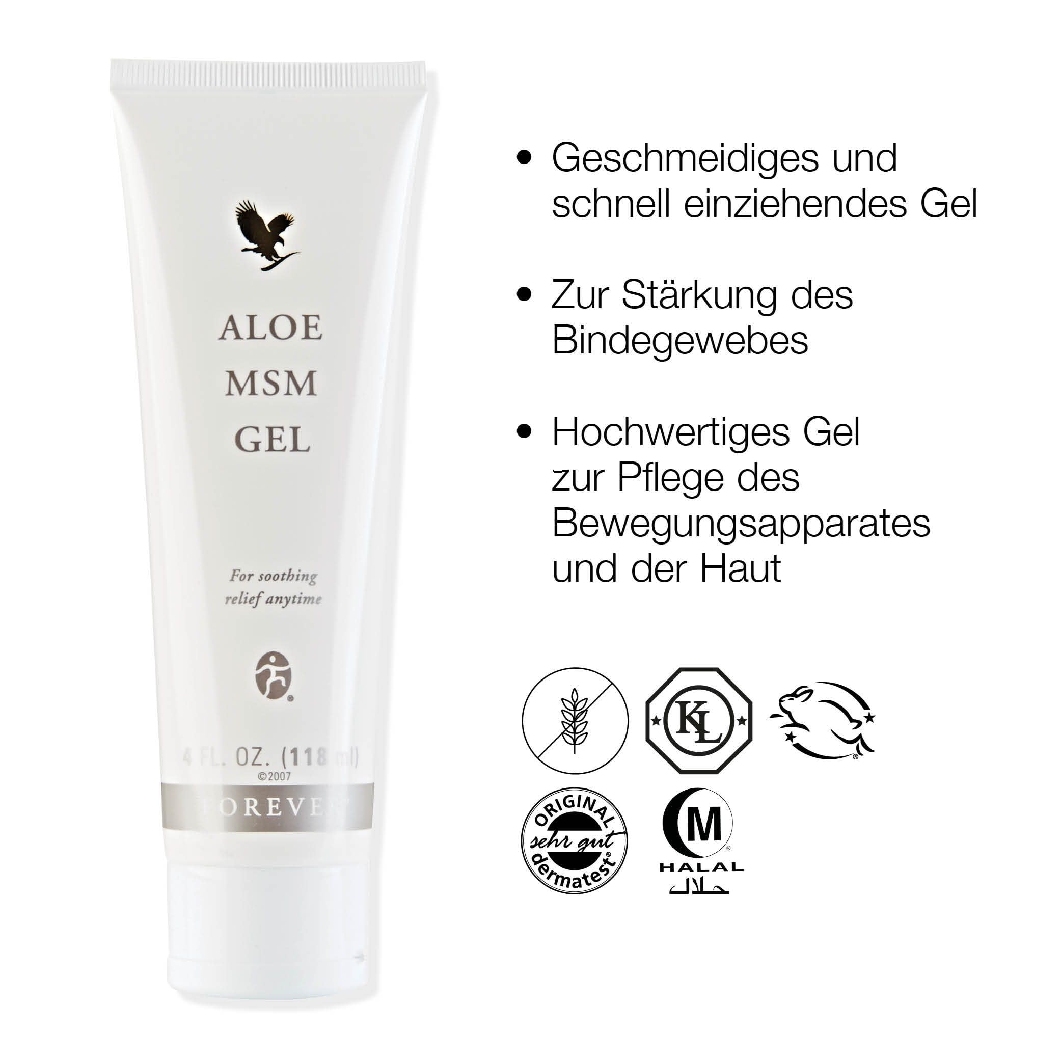 Forever Aloe MSM Gel (40% Aloe Vera), Schwefelsalbe für Sportler und aktive Menschen, natürliche Unterstützung für Bindegewebe, schnell einziehend, dermatest-zertifiziert, Tube (1 x 118 ml)