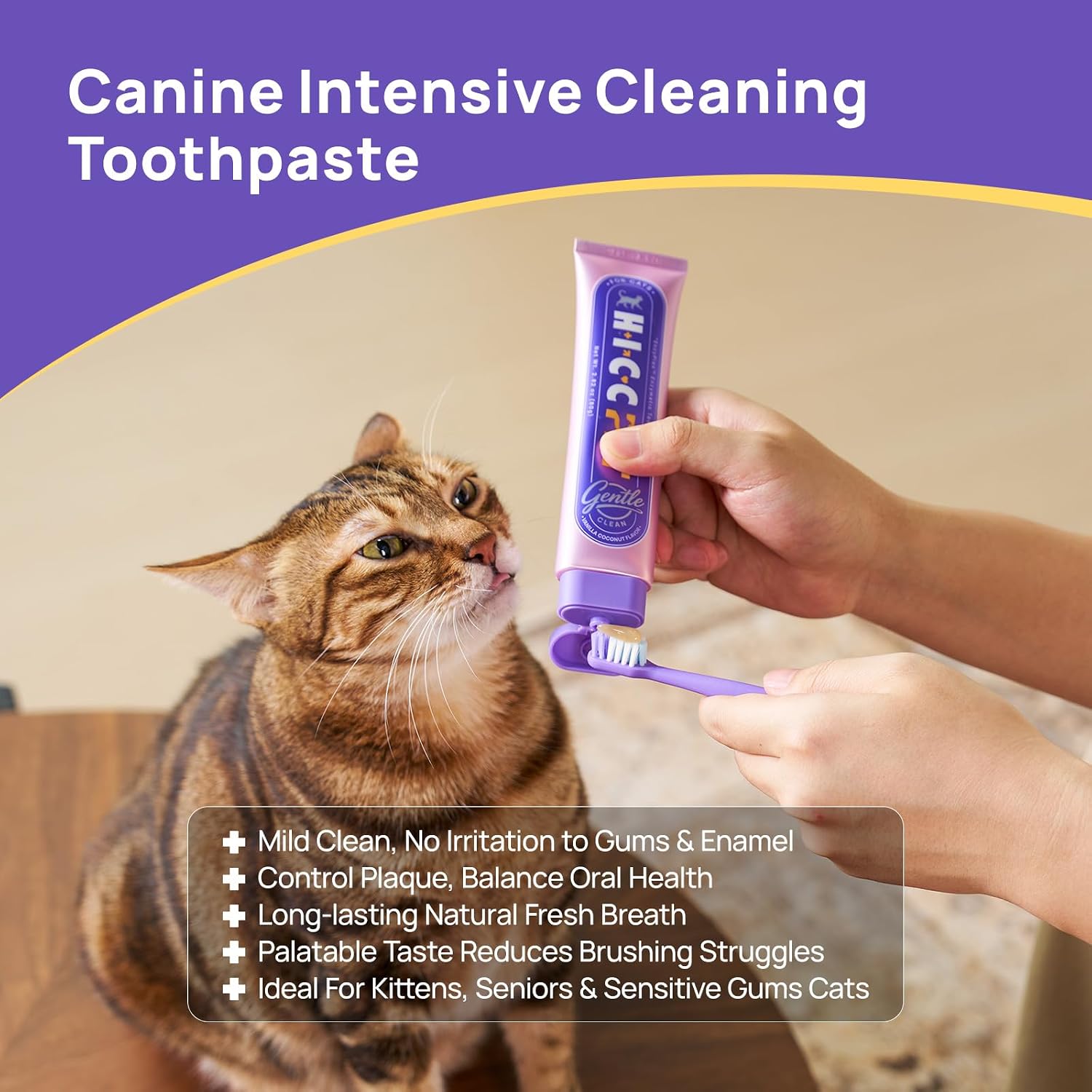 HICC PET Hypoallergenic 4-Enzymatic Cat Toothpaste, Gentle Clean for Sensitive Gums, Low-Sensitivity Plaque & Tartar Defense Gel for Fresh Breath, Soothing Oral Care - Vanilla Coconut Flavor, 2.82 oz