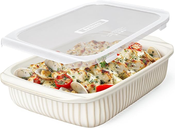 Artena Baking Dish 5.1 Quarts, Casserole Dishes For Oven, Baking Pan With Handles, Lasagna Pan Deep, Large Casserole Dish, Rectangular White Ceramic Bakeware (Baking Dish With Lids)