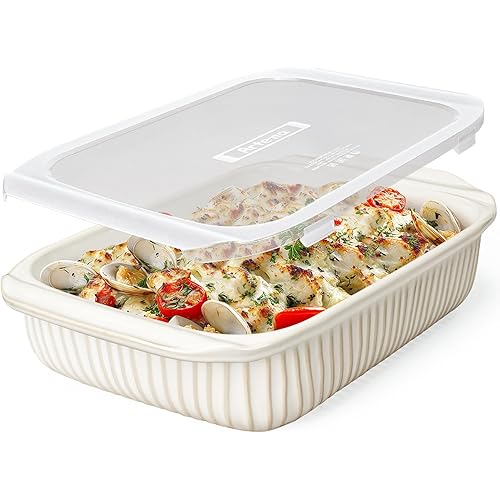 Artena Baking Dish 5.1 Quarts, Casserole Dishes For Oven, Baking Pan With Handles, Lasagna Pan Deep, Large Casserole Dish, Rectangular White Ceramic Bakeware (Baking Dish With Lids)