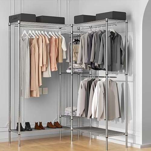 Miniatura 3 de Magshion Armario portátil independiente de 66 pulgadas, perchero ajustable con estantes, perchero de ropa resistente, color plateado
