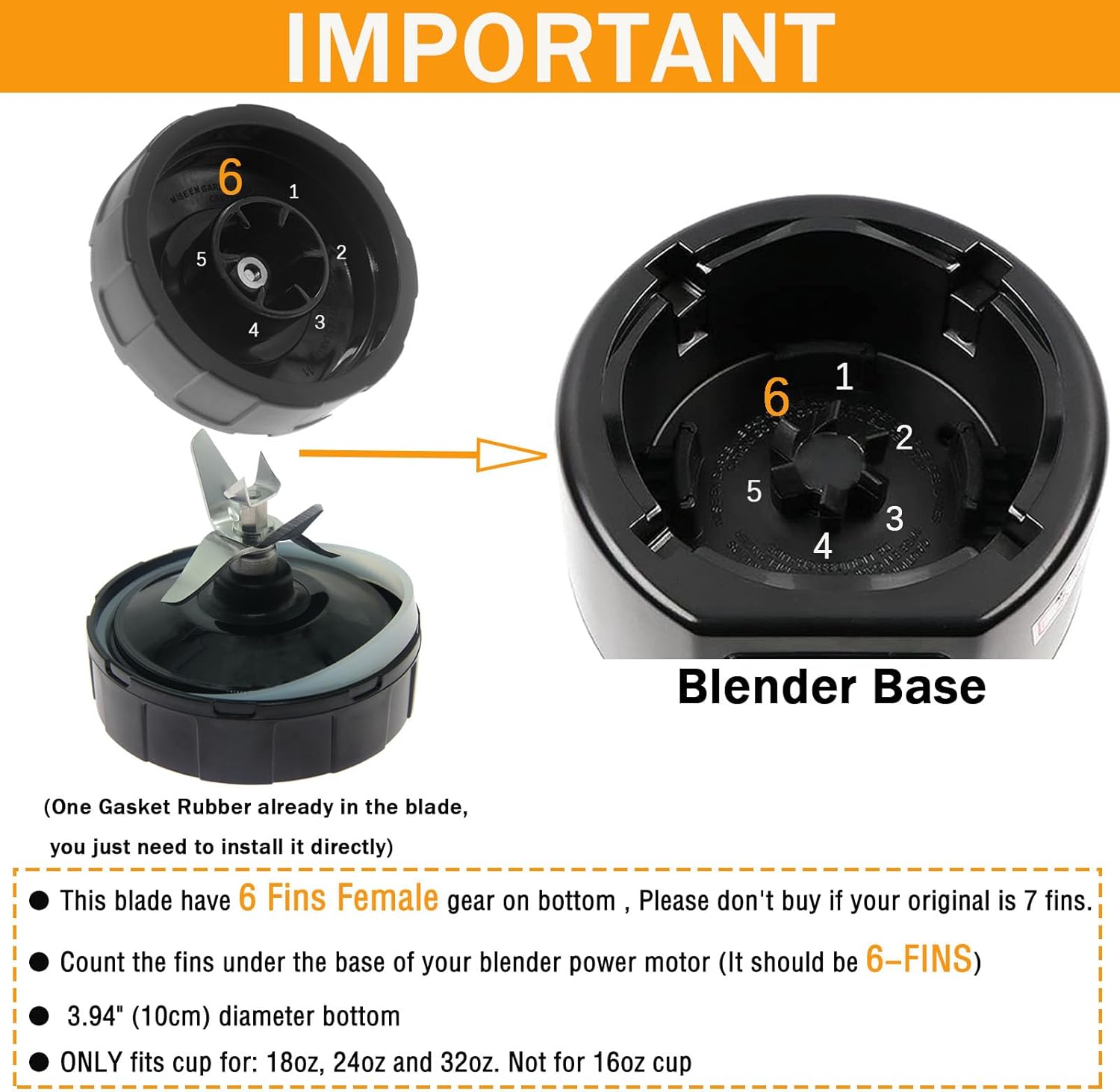 Replacement 6-Fins Female Blender Blade and 2 24oz Cups Compatible with Ninja Auto iQ BL450 BL480 BL480D BL482 BL456 Blenders, (4 inches/10cm Female Fins ONLY)