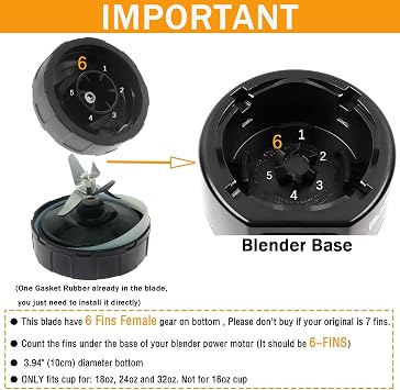 Replacement 6-Fins Female Blender Blade and 2 24oz Cups Compatible with Ninja Auto iQ BL450 BL480 BL480D BL482 BL456 Blenders, (4 inches/10cm Female Fins ONLY)