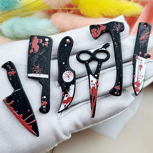Miniatura 6 de Dijes para uñas de Halloween, cuchillo de sangre de terror, tijeras, hacha, accesorios de arte 3D, dijes de armas acrílicas para hacer joyas,
