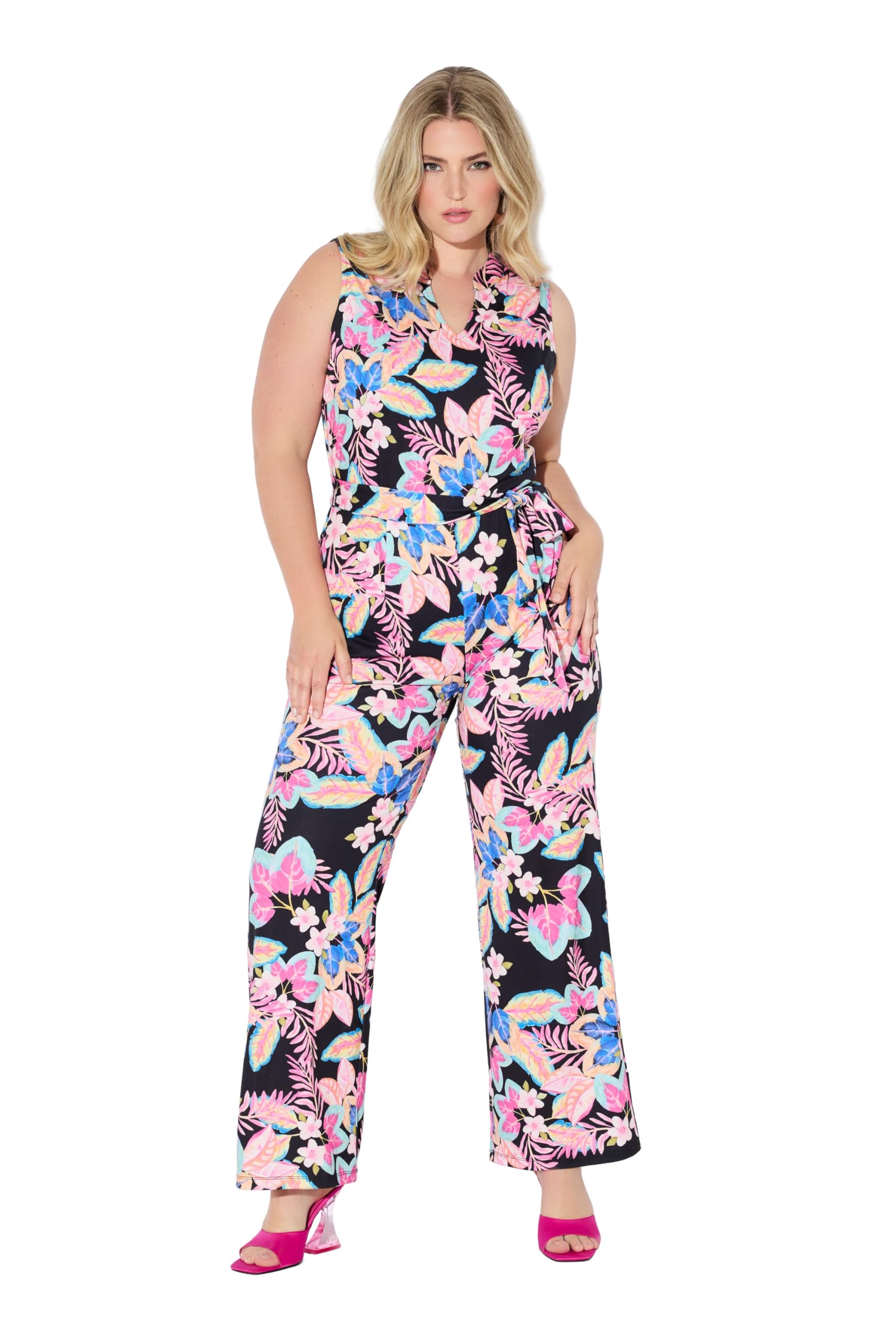 Ulla Popken Damen große Größen Übergrößen Plus Size Jumpsuit, ärmellos, Jersey, Blütenmuster 845179