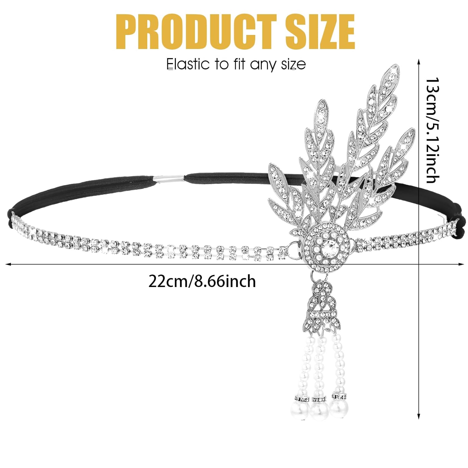 Yolev 1920's Flapper Headband Leaf Rhiestones Flapper Headpiece Pearl Tassel Head Bands Silver Headpiece Head Jewelry for Women Bride Wedding Parties Hair Headband Accessories - Image 3