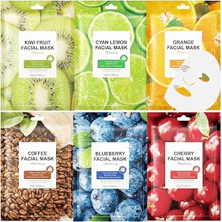 NIKITA.VIVI 6Pcs Fruits Skincare Collagen Essence Sheet Facial Masks, Hydrating Organic Face Sheet Mask Moisturizing Brightening Soothing Face Mask Pack with Avocado Coffee Cherry KIWI Lemon Blueberry
