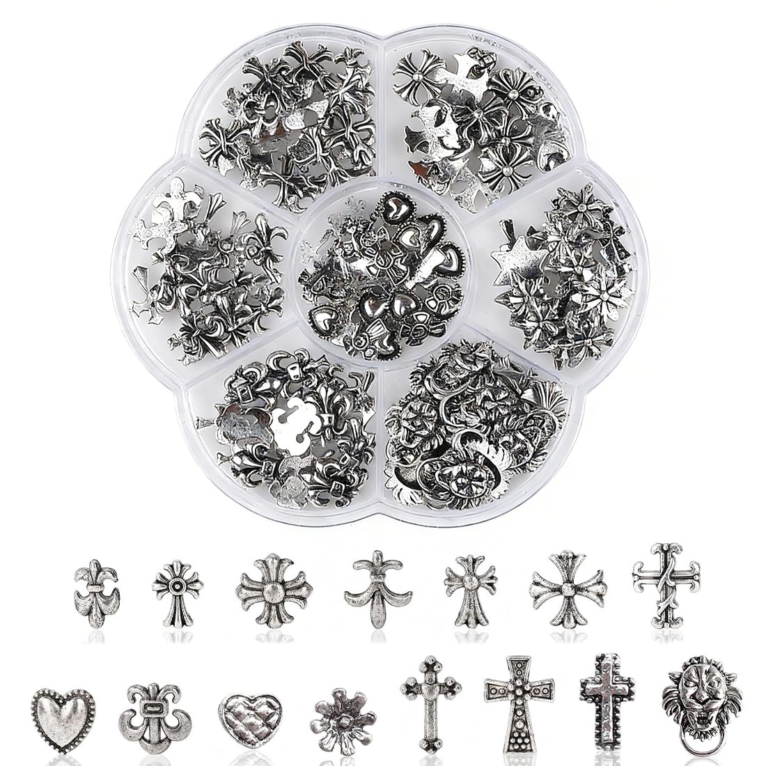 75 Pièces Breloques pour Ongles Croix Argent Charme avec Coeurs Gothiques Rétro Punk Crânes Manucure Décorations Nail Art, Deco Ongle Nail Art