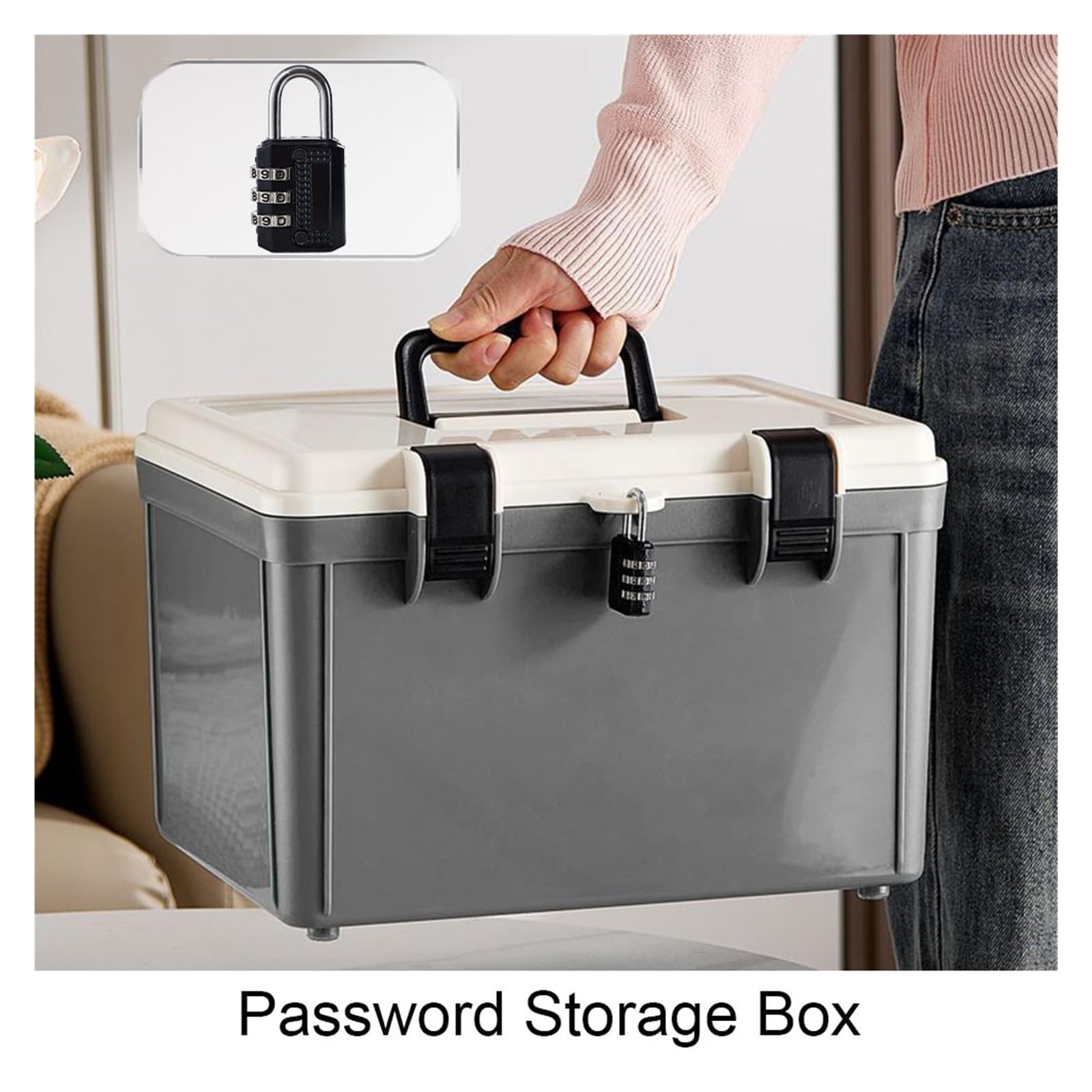 Cassaforte, Cassetta di sicurezza con password a 3 cifre, for contanti, passaporti, documenti, portaoggetti portatile(Grey)