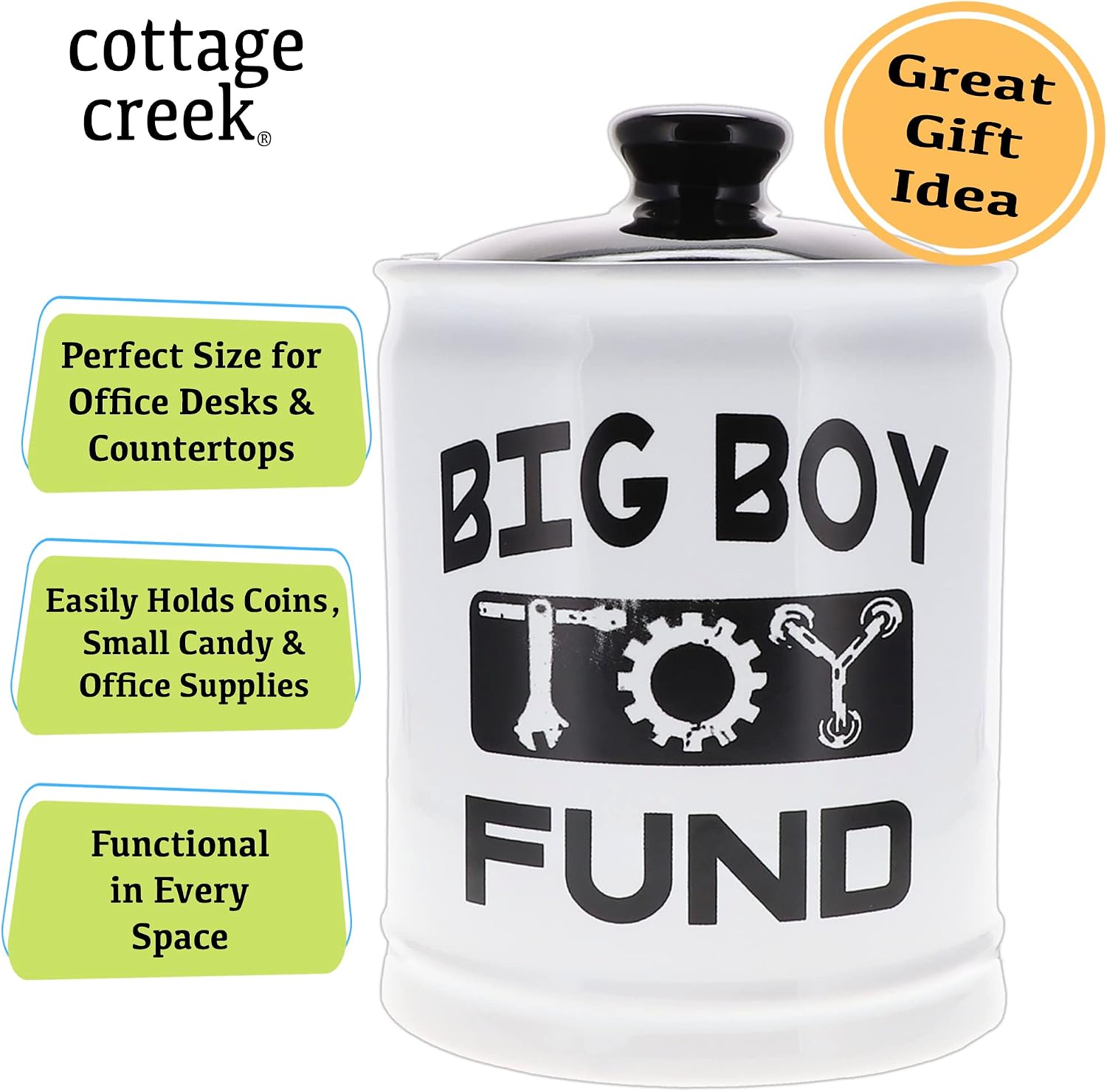 Cottage Creek Jars - 6" Ceramic Big Boy Toy Fund Piggy Bank, Money Jar for Office and Home Decor, Gifts for Dad, Teen Boys & Friends, Savings Jar for Boys