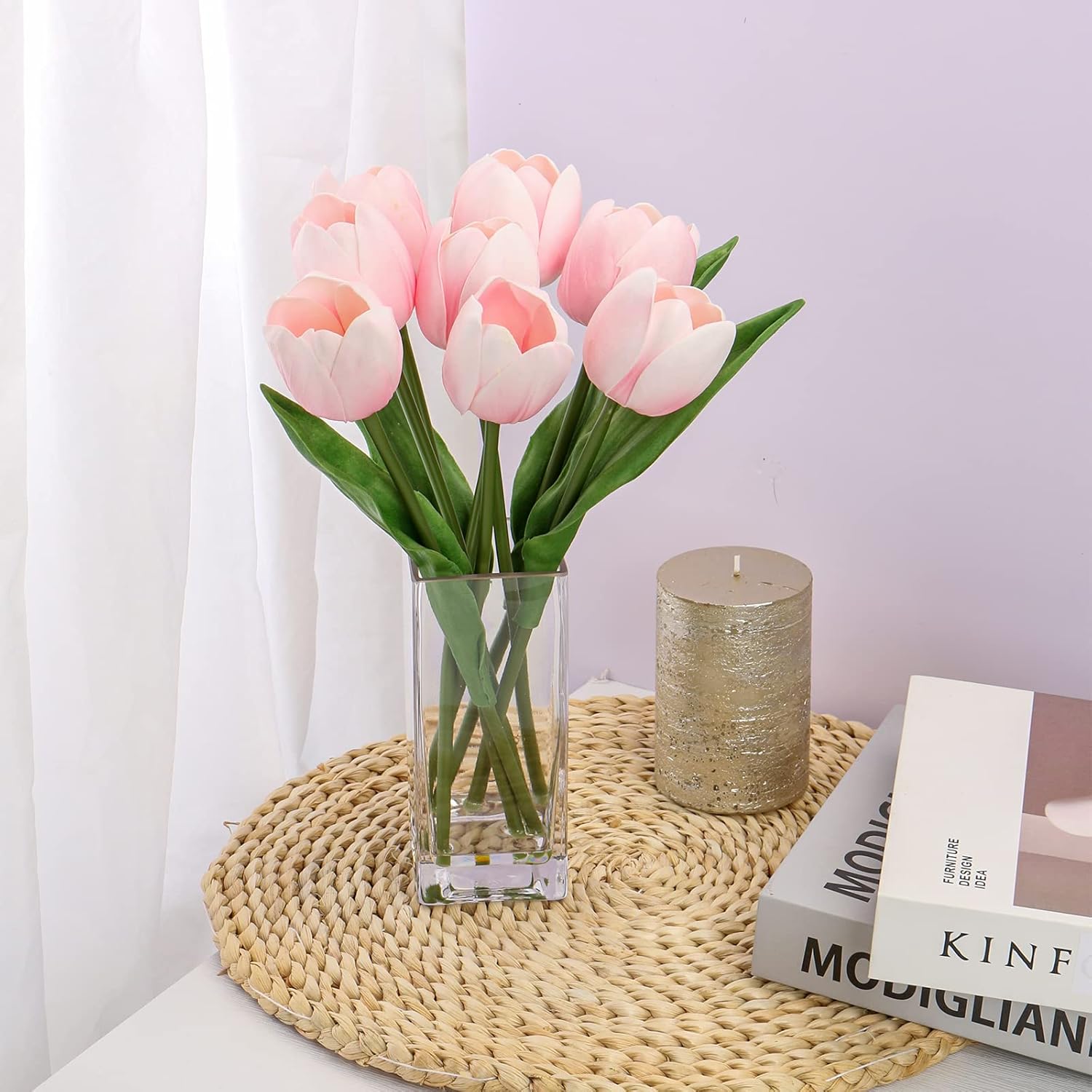 Briful Fake Flowers Artificial Tulip Flower Pink in Clear Vase, Real Touch Foam Tulip Arrangement Suitable for Home Office Decoration, Dining Table Centerpiece