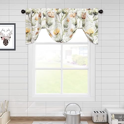 Miniatura 3 de Leeva Cortinas de lino para cocina, cenefas de lino con estampado de flores de eficiencia energética, bolsillo para barra, cortinas pequeñas para
