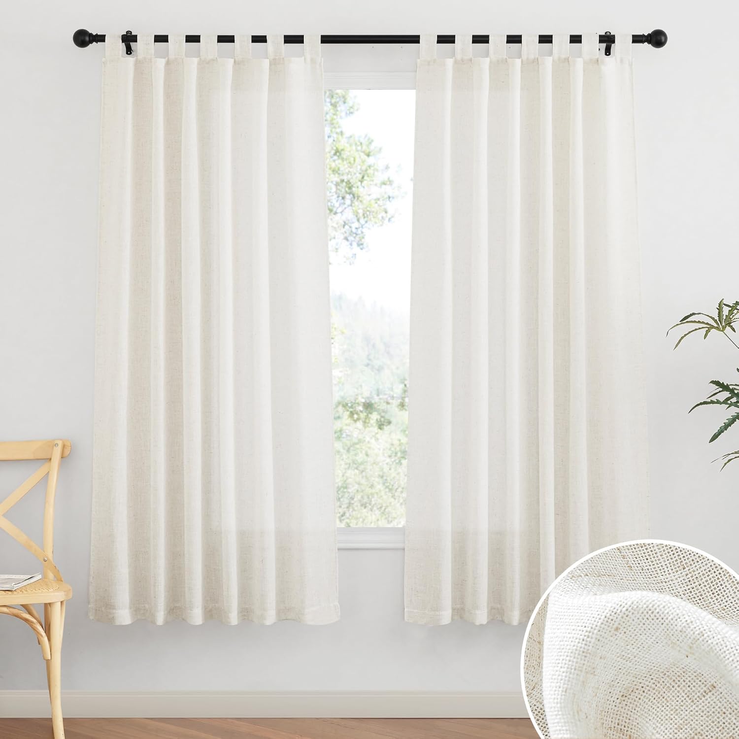 RYB HOME Linen Sheer Curtains - Linen Textured Fabric Semi Sheer Window Decor Light and Airy Privacy Drapes for Doorway Bedroom Living Room, 52 inch Wide x 72 inch Long, 1 Pair, Linen