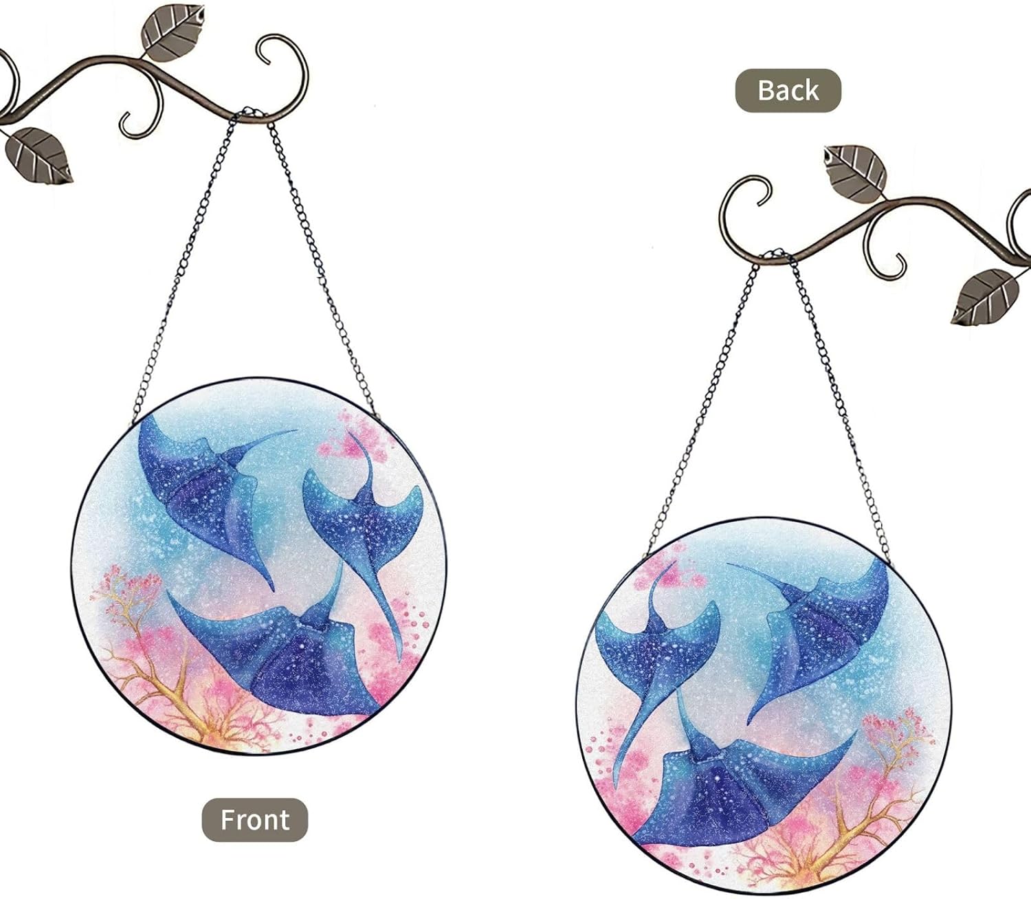 Stained Glass Window Hanging 6in（15cm）, Sea Animals Stingrays Glass Suncatcher for Home Decor, Indoor Wall Art Glass Panel with Metal Chain and Hooks, Sun Catcher Ornament Birthday Gifts