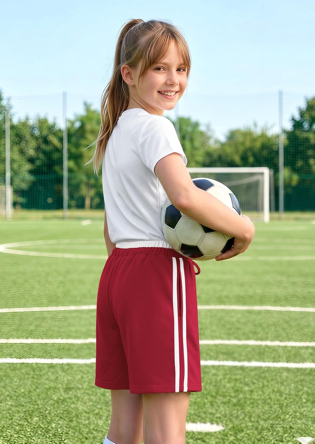 Girls Y2K Striped Track Shorts with Double Waistband, Colorblock Baggy Shorts with Pockets for Summer 8-16Years