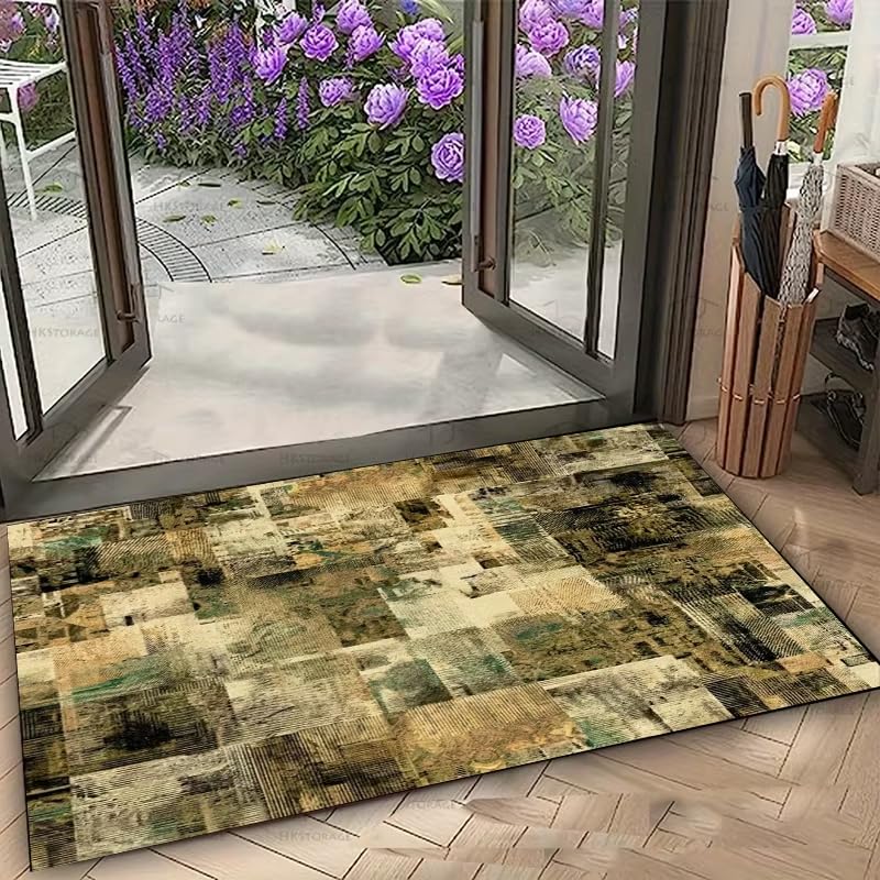 Tapis de sol antidérapant style patchwork abstrait aux finitions rustiques rétro