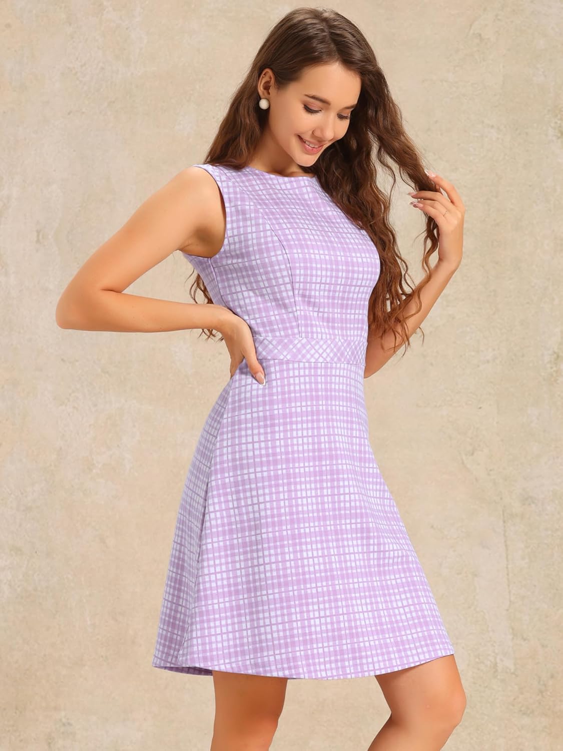 Allegra K Women's Plaid Dress Sleeveless A Line Vintage Houndstooth Work Dresses - Image 2