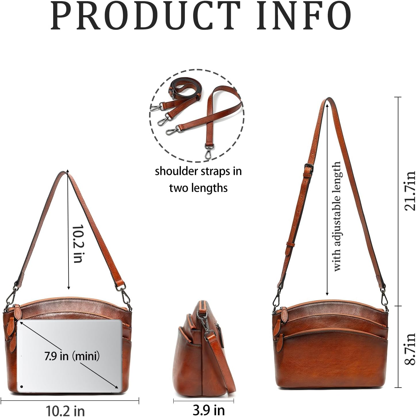 Vintage Leather Crossbody Bag for Women - Real Leather Purses Triple-Zip Shoulder Bag with 2 Straps for Daily Use | Geniune leather, water-resistant