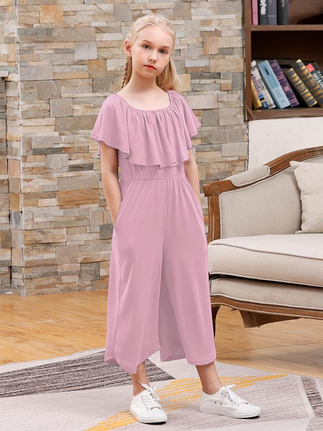 Condition photo showing New/Like New for gorlya girls scoop neck ruffle overlay jumpsuit rompers casual loose long wide leg jumper outfits 4-14t 12 years pink