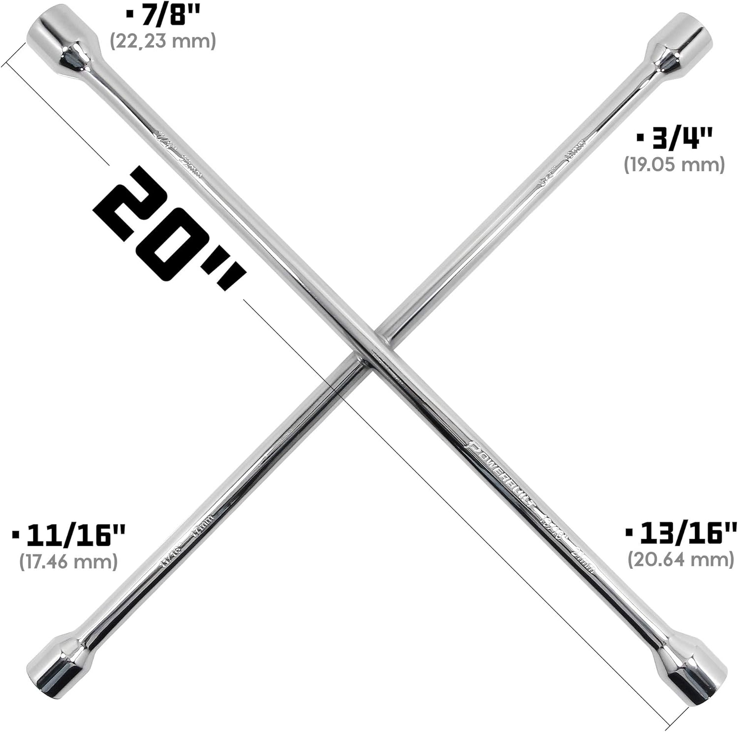 Powerbuilt 20-Inch Universal Lug Wrench, Metric and SAE 4-Way Cross Wrench, Size for 1/16" & 17mm, 3/4" & 19mm, 13/16" & 21mm, 7/8" & 22mm - 940559
