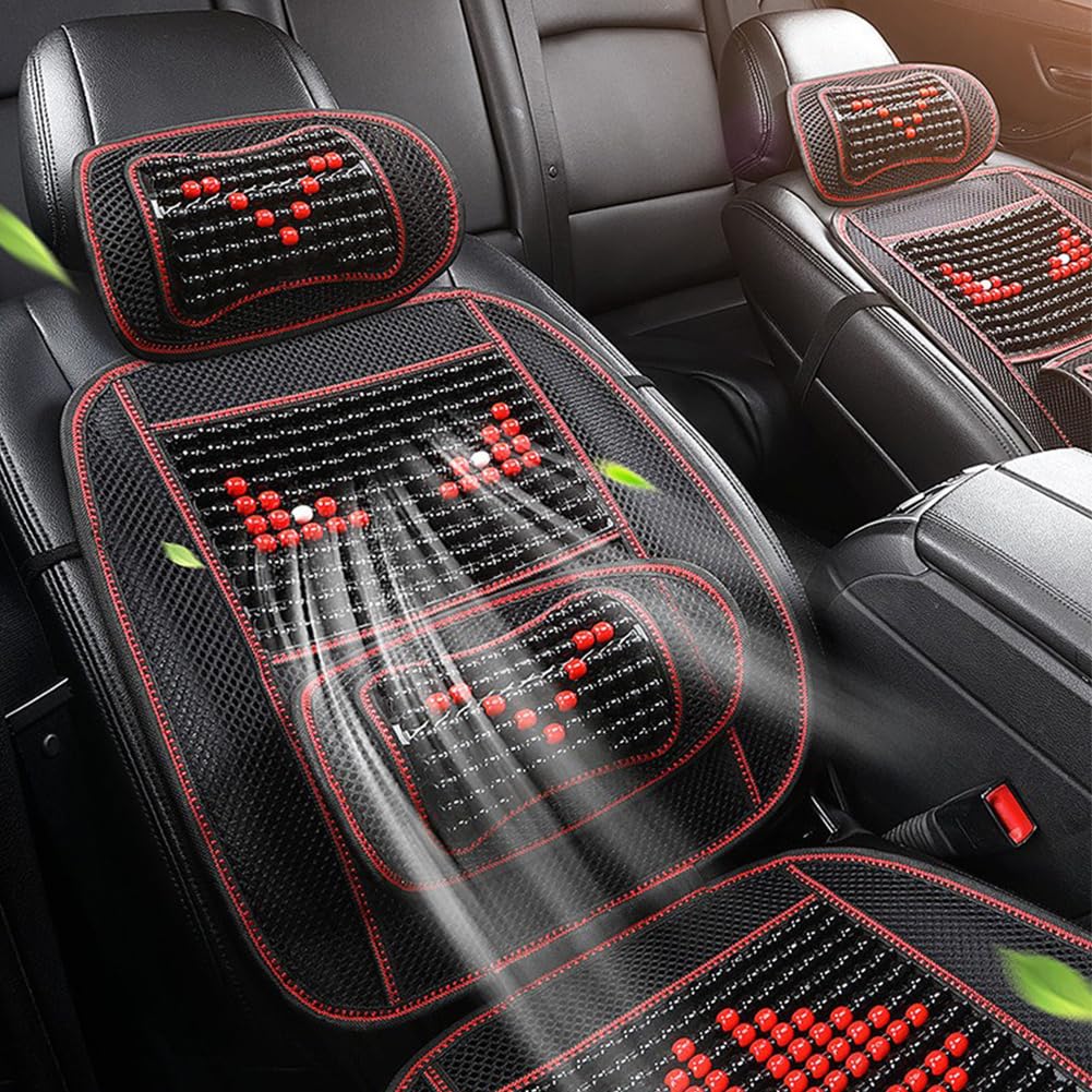 Cojín de Asiento de Masaje Transpirable y Fresco para Verano, cojín de Asiento de Coche con Cuentas de Madera, Reposacabezas Negro y Rojo