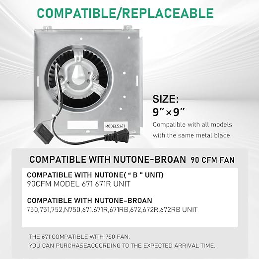 Ventilador de baño modelo 671 compatible con Nutone 671RB, 672R y Broan 750, 751, 752, N750 — Motor de cobre puro, 90 CFM, 3,5 sones, 110 V miniatura 2