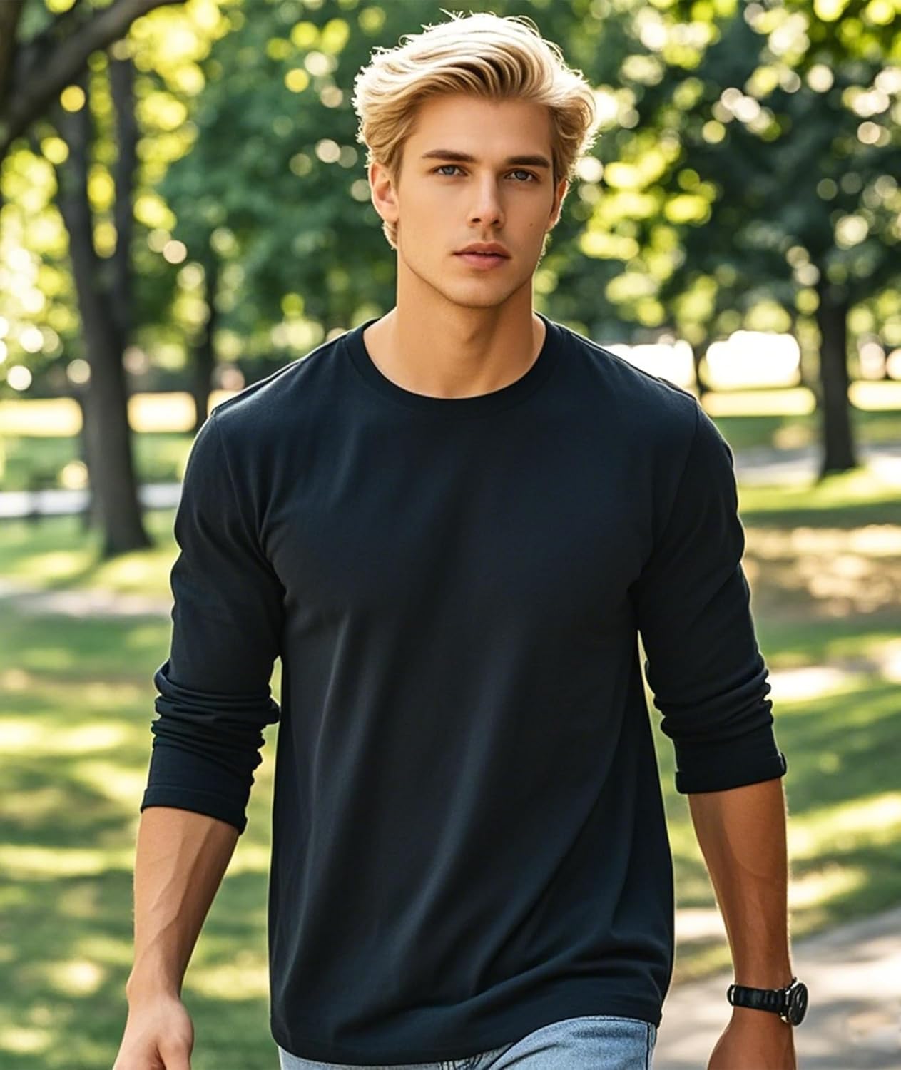 Holure Men's Cotton Shirt Loose Fit Long Sleeve T-Shirt Moisture Wicking Crew Neck Shirts Comfort Casual Base Layer Tops