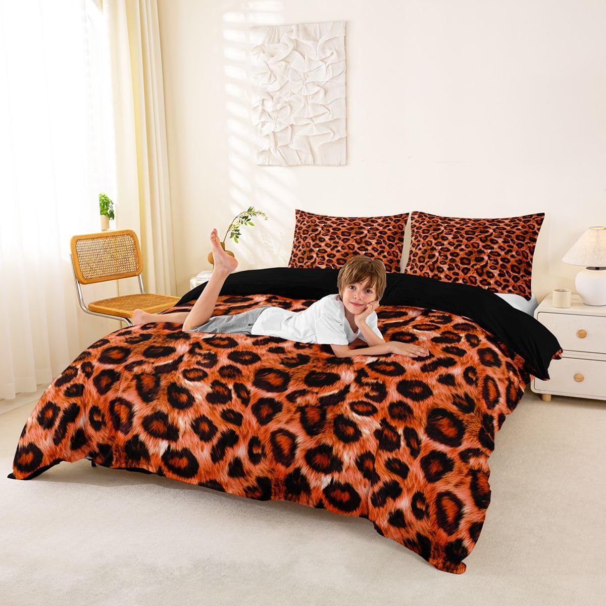Leopard Duvet Cover Set Toddler Size,Animal Cheetah Printed Bedding Sets 2Pcs for Kids Girls Boys Adult Room Decor,Orange/Floral Print Comforter Cover Wildlife Fur Quilt Cover,1 Pillowcase