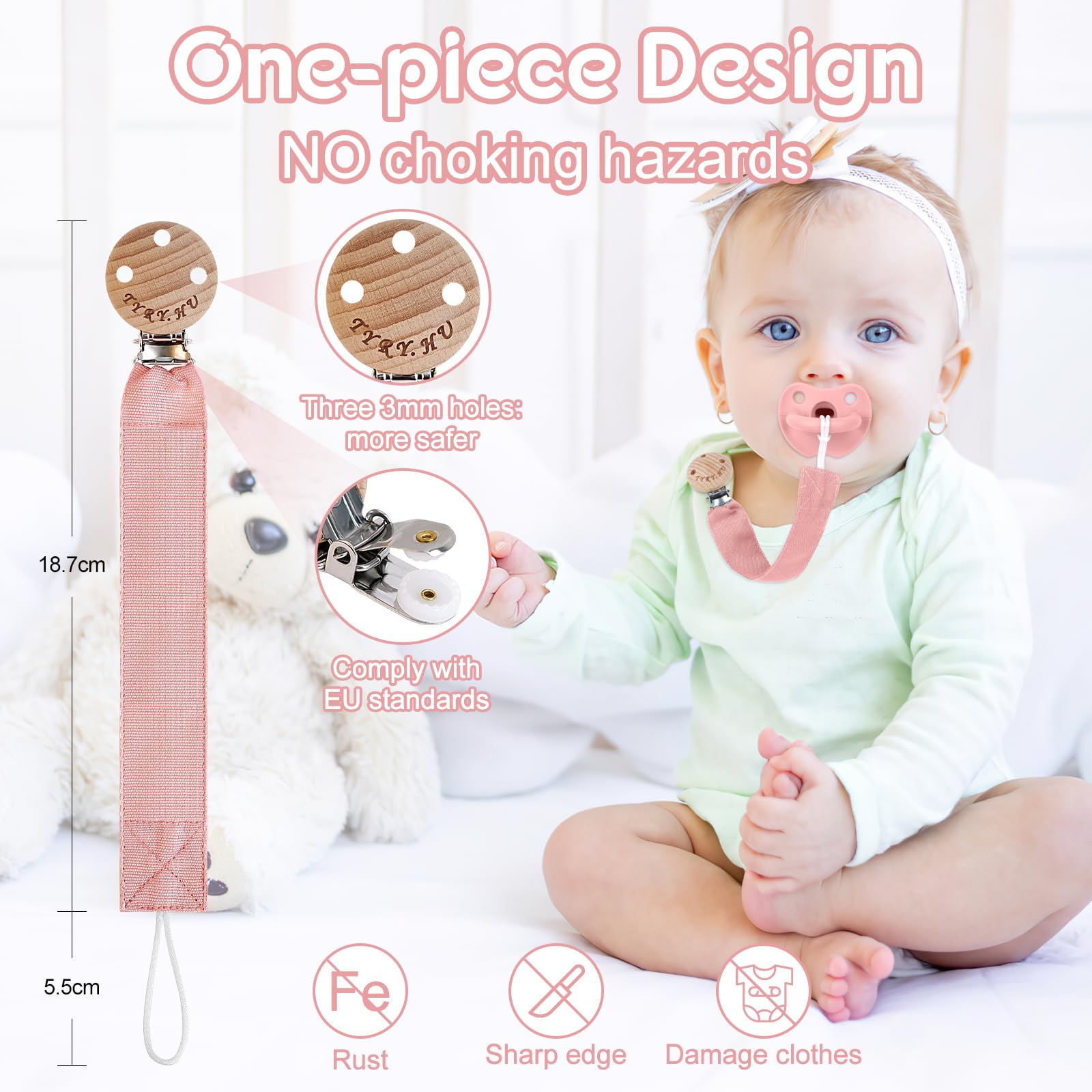 TYRY.HU Catenella Portaciuccio Tessuto Morbido Catenella Ciuccio Fatto a Mano Succhietto Porta Clip di Legno Cotone Bambini Ragazzi Massaggiagengive Clip Baby Regalo,2 Pezzi