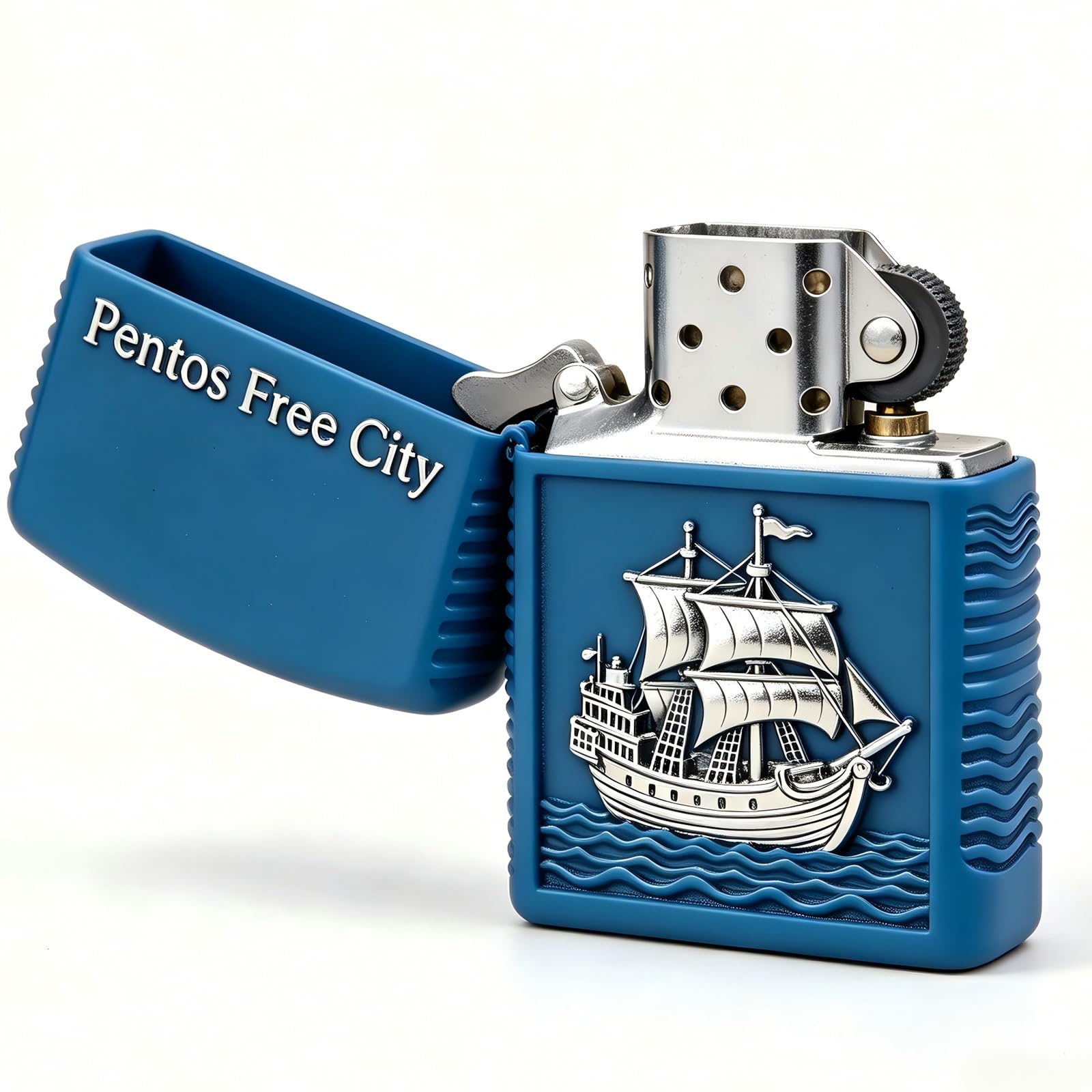 Vintage Sailboat Carved Flip Top Kerosene Lighter Reusable Windproof Wheel Grinding Pocket Lighter for Camping Hiking (D)