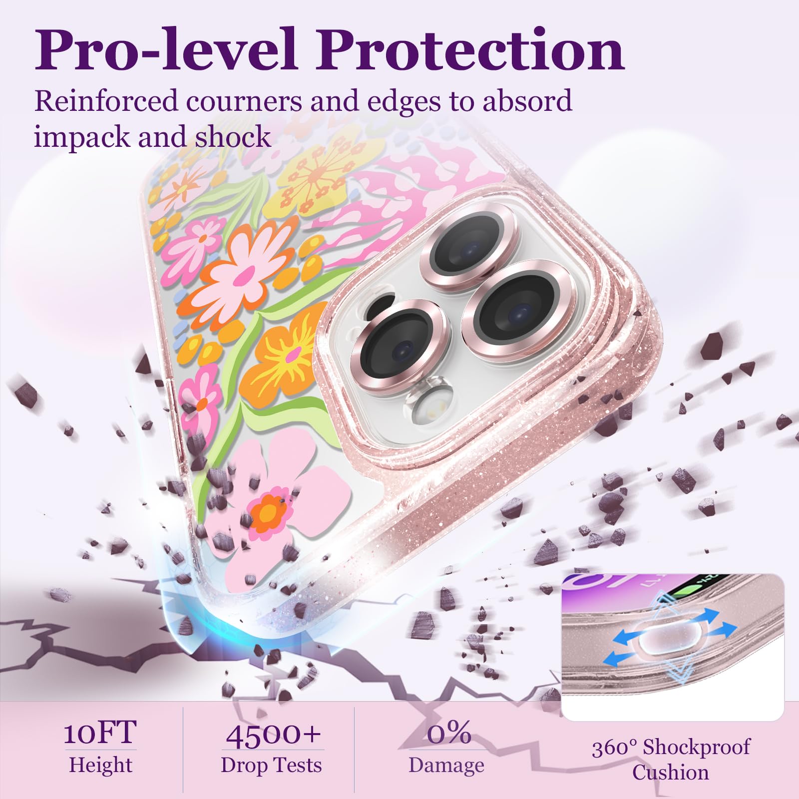 Funda compatible con iPhone 13 Pro Max, bonita estética, funda rosa con purpurina y protector de cámara, diseño femenino de flor de la pasión para mujer y niña de 6.7 pulgadas