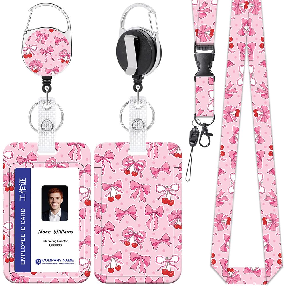 Pink Lanyard with Card Holder, Bow Cherry Card Holder for Girls Women, ID Card Holders for Student Teacher Nurse, Detachable Lanyard for School Office Bus Work