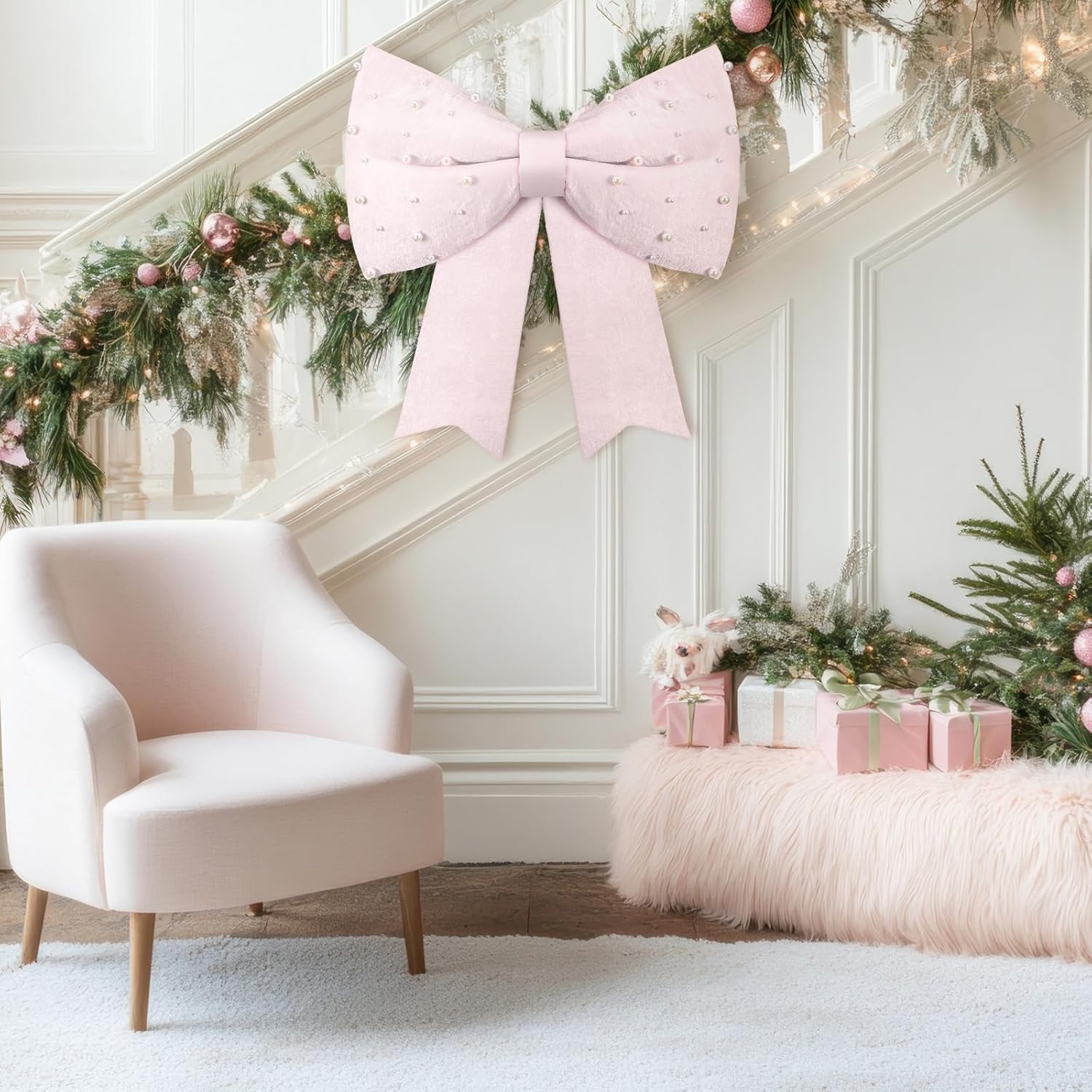 Gejoy 24 Inch Pink Christmas Giant Bow with Pearl Oversized Pearl Satin Bow Xmas Elegant Decoration for Christmas Tree Decorations Holiday Party Front Door Patio Outdoor Decor