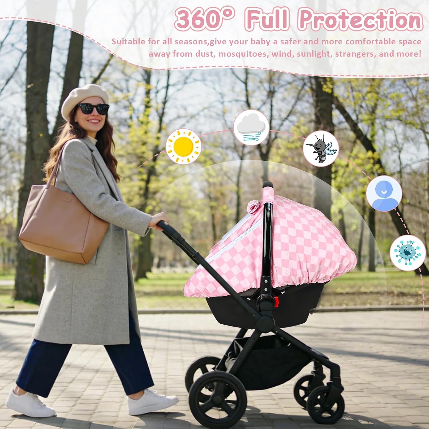 Baby Car Seat Cover with Mesh Window, Windproof Carseat Cover for Infant Girls, Infant Carseat Canopy with with Dual Zipper, Compatible with Most Baby Car Seat, Pink Checkered