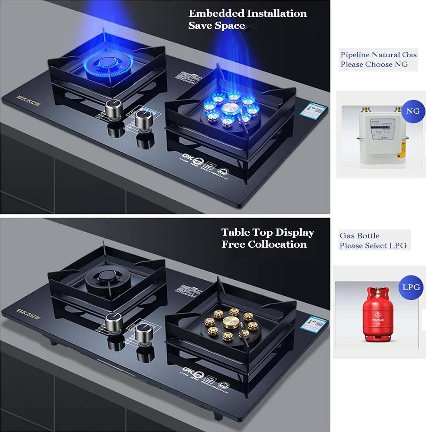 2 Burner Gas Cooker - Built-in Glass Dual Fuel Stove, Kitchen with Timer Function, Adjustable Flame Size Hob, Easy Clean(NG)(Ng)