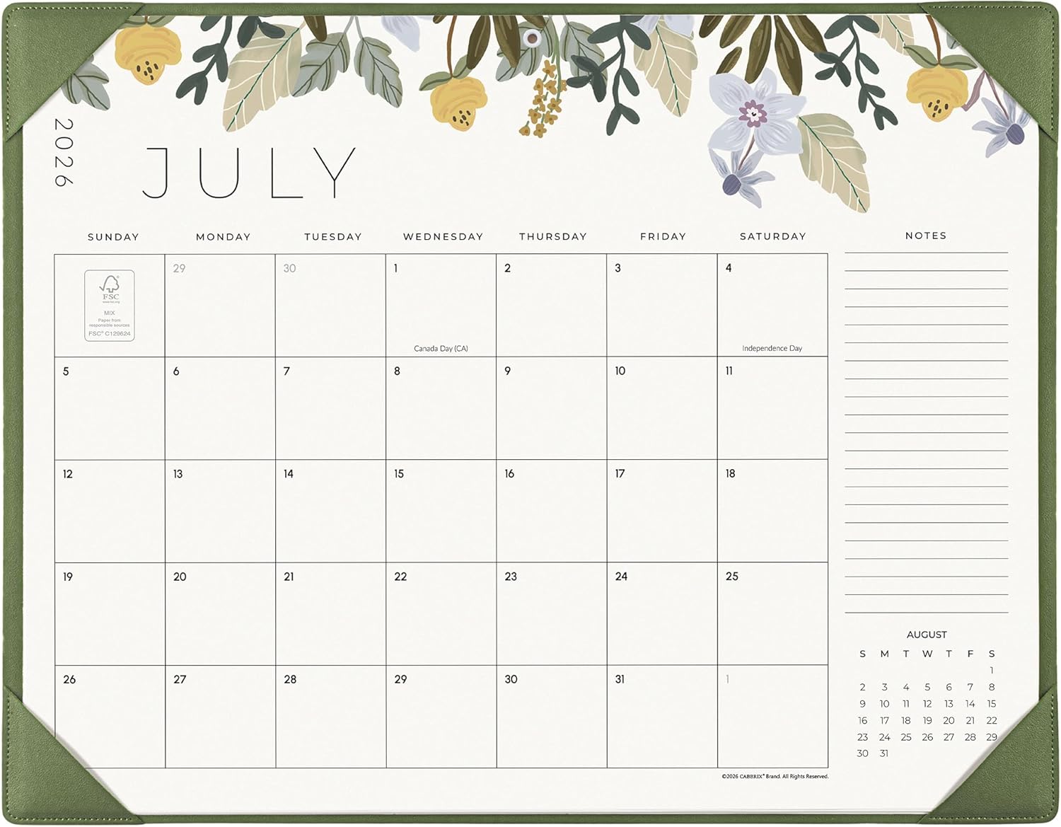 Desk Calendar 2026 with Desktop Mat, Cabbrix Large Desk Pad Calendar 22 x 17 Inch 18 Months Runs From July 2026 to December 2027, Floral Design Calendar 2026 for Home School and Office (Green)