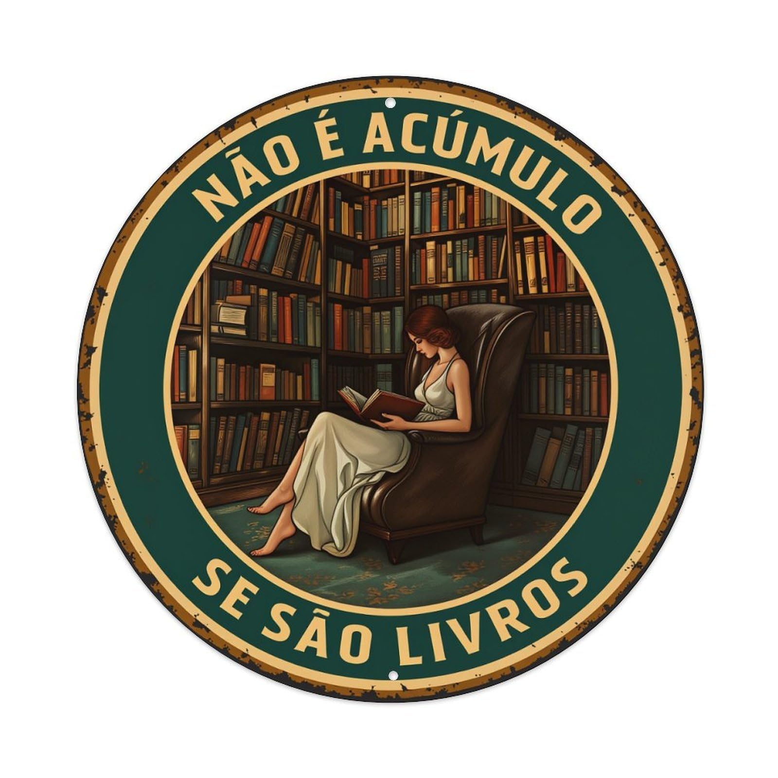 Woman Reading In Library Chair Round Tin Sign Vintage Metal Poster Retro Bar, Home, Man Cave, Kitchen, Laundry Room Wall Art Decor Gift 8x8Inch
