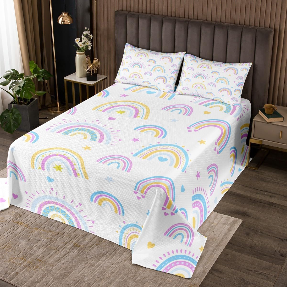 Rainbow Bedding Sets King Size,Cartoon Rainbow Bedspread 3Pcs for Kids Teens Girls Woman Room Decor,Blue Purple Star Love Print Comforter Set Vivid Girly Pink Deep Pocket Sheet,2 Pillowcases