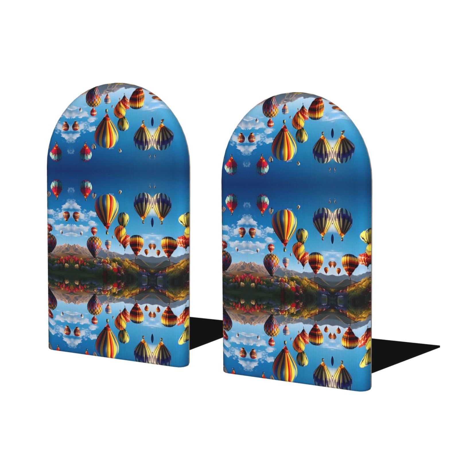 Hot Air Balloons Stylish Bookends with Full-Print Design Durable Wooden and Metal Bookend Set for Home, Office