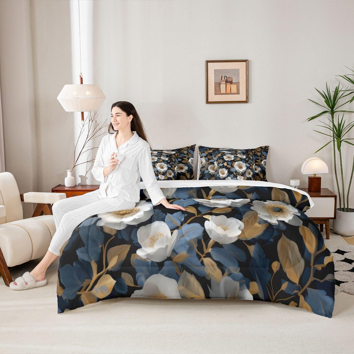 Erosebridal Boho Floral Full Size 7 Pcs Bedding Set White and Blue Flower Comforter Set with Sheets Elegant Botanical Bed in A Bag Vintage Romantic Soft Bed Sets for Young Women Adults