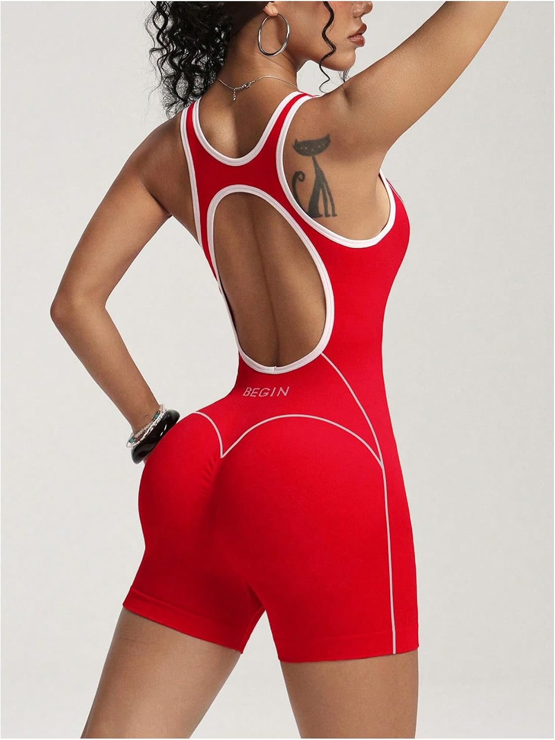 OYOANGLE Women's Workout Bodysuit Yoga Gym Bodycon Romper Open Back Tummy Control Gymnastics Unitard