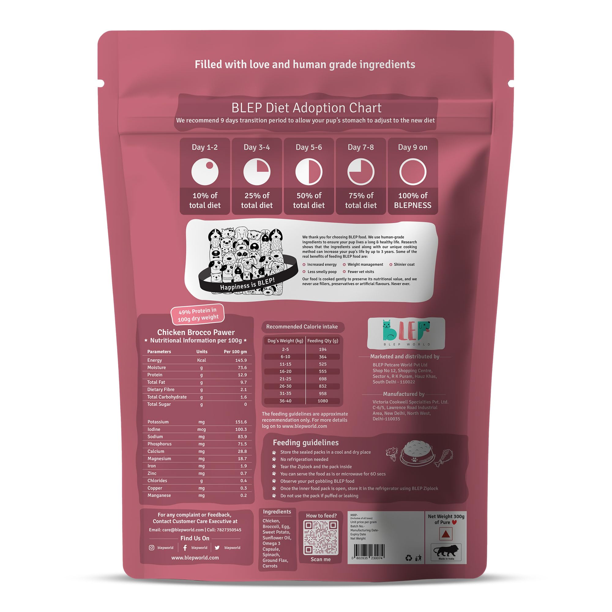 BLEP Fresh Dog Food (Wet)-A Meal Pack | Chicken - Broccoli and Pumpkin Gravy (300gm x 1 Each) | Pack of 2-600g 1