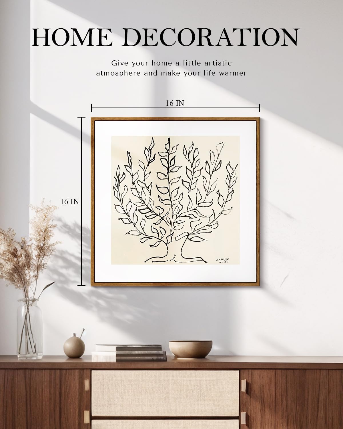Vintage Framed Canvas Wall Art Plain Tree Drawing, Boho Wall Art Modern Home Decor, Square Botanical Wall Art for Living Room Bedroom Bathroom, Black and White Canvas Leaf Art 16x16 Inch